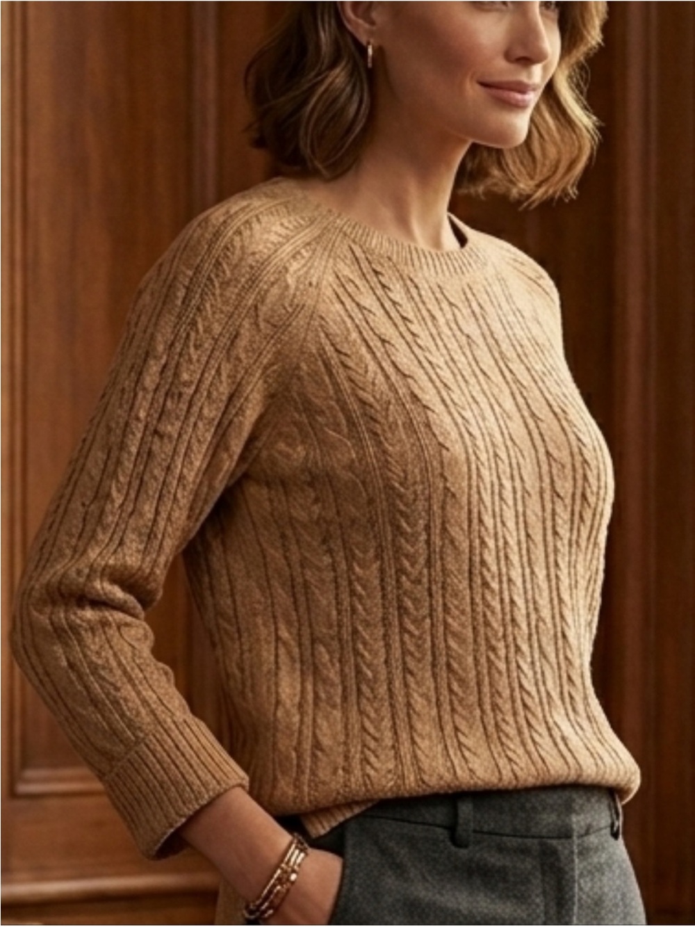 Bleu Gray | Tan Cable Knit Long Sleeve Crewneck Sweater